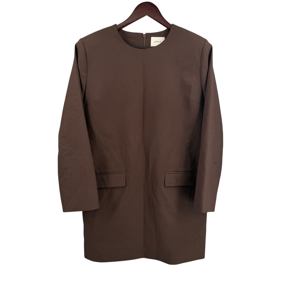 Gestuz PaulaGZ Dress Size 36 Brown Long Sleeve Shift Pockets Minimalist Office
